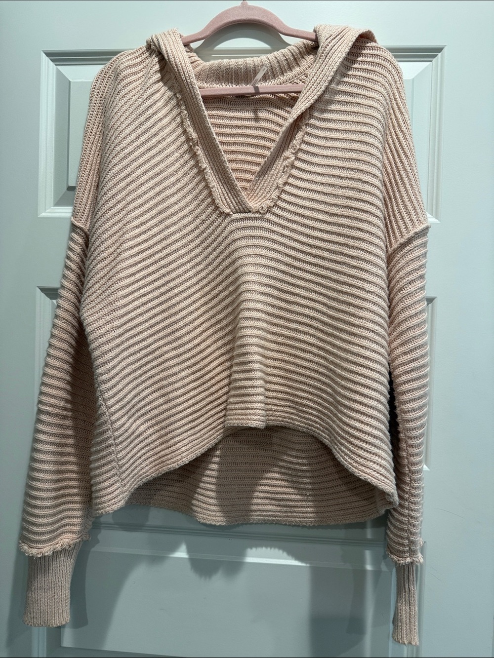 Free People Oversized V-Neck Hooded Rib Knit Sweater in Light Beige